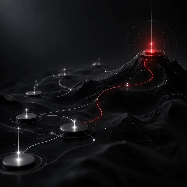Абстрактна 3D визуализация на пътека от свързани точки, водеща до осветен връх — символ на стратегическа посока.